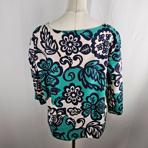 Boden Top Sz 16 Penelope Floral Print Cotton Stretch Top Turquoise Navy - Picture 3 of 9